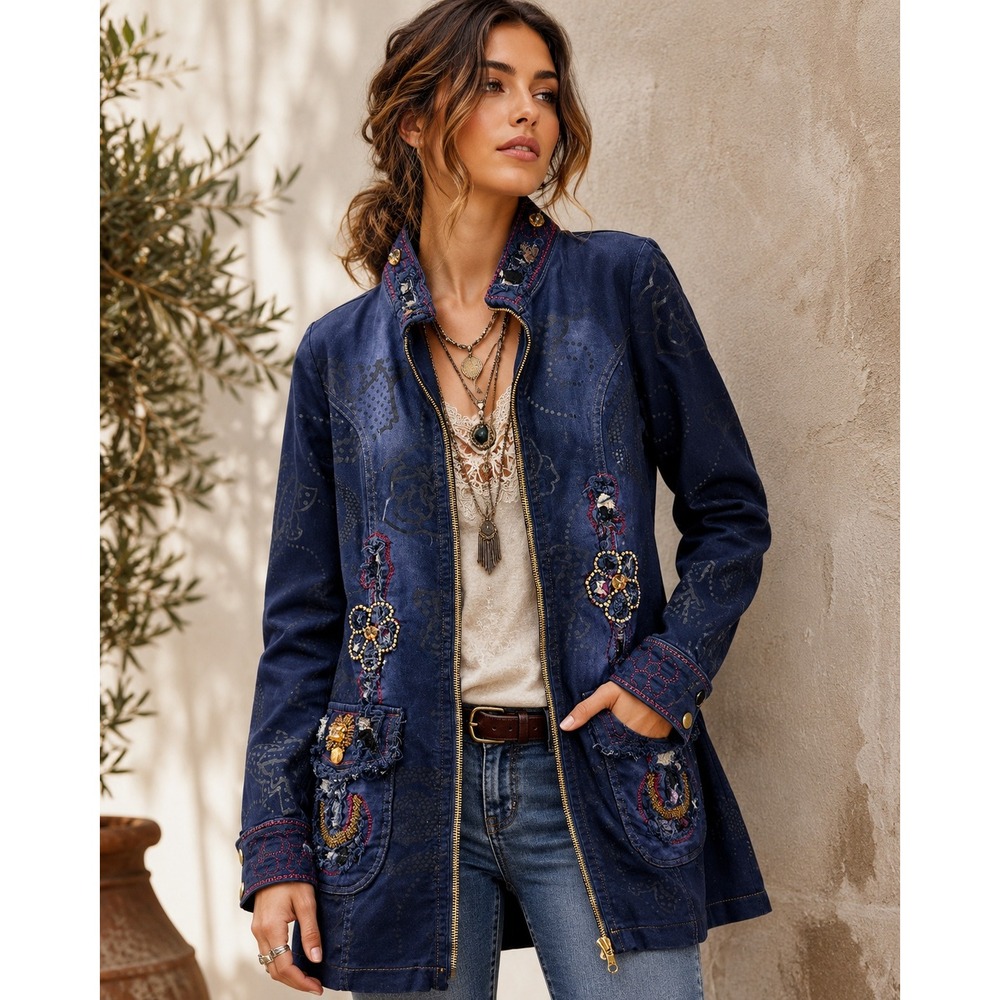 Anthropologie Tricotto Embellished Zip Jacket Coat Blue Small Boho Artwear